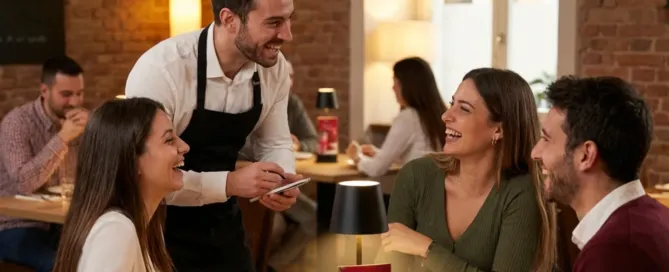 Eine Bedienung in einem Restaurant bedient eine fröhliche Runde junger Menschen.