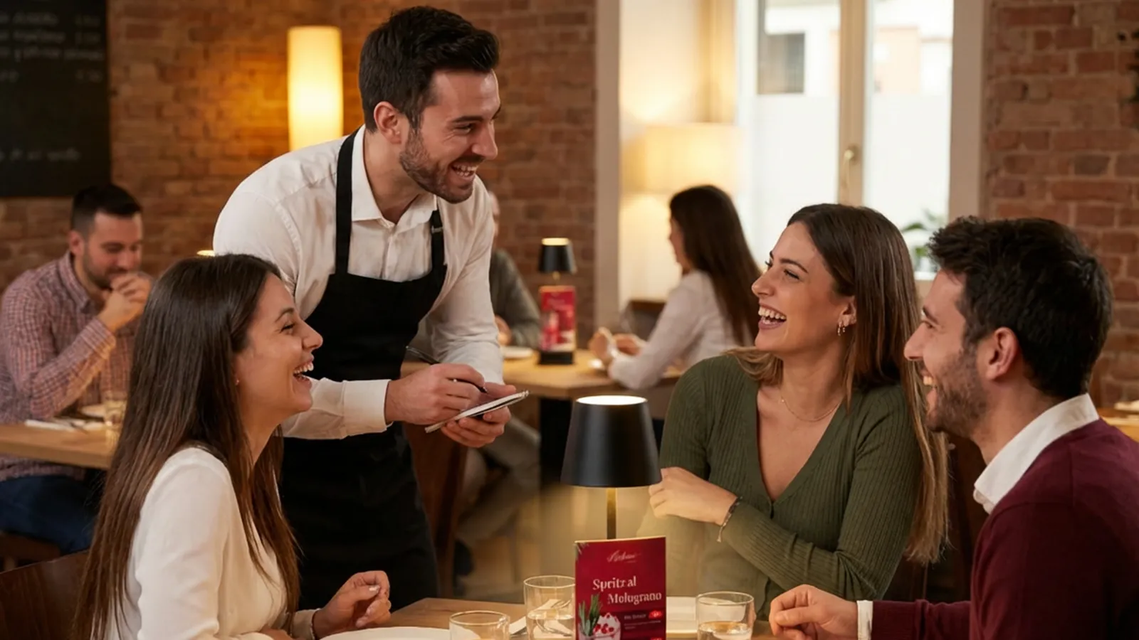 Eine Bedienung in einem Restaurant bedient eine fröhliche Runde junger Menschen.